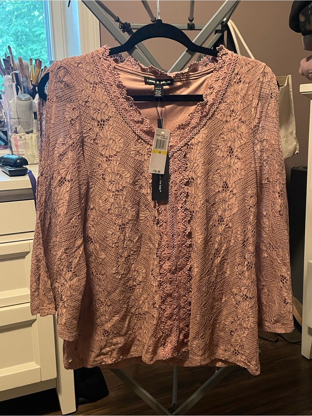 Cable & Gauge Dusty Rose Crochet Lace Button-Front Blouse